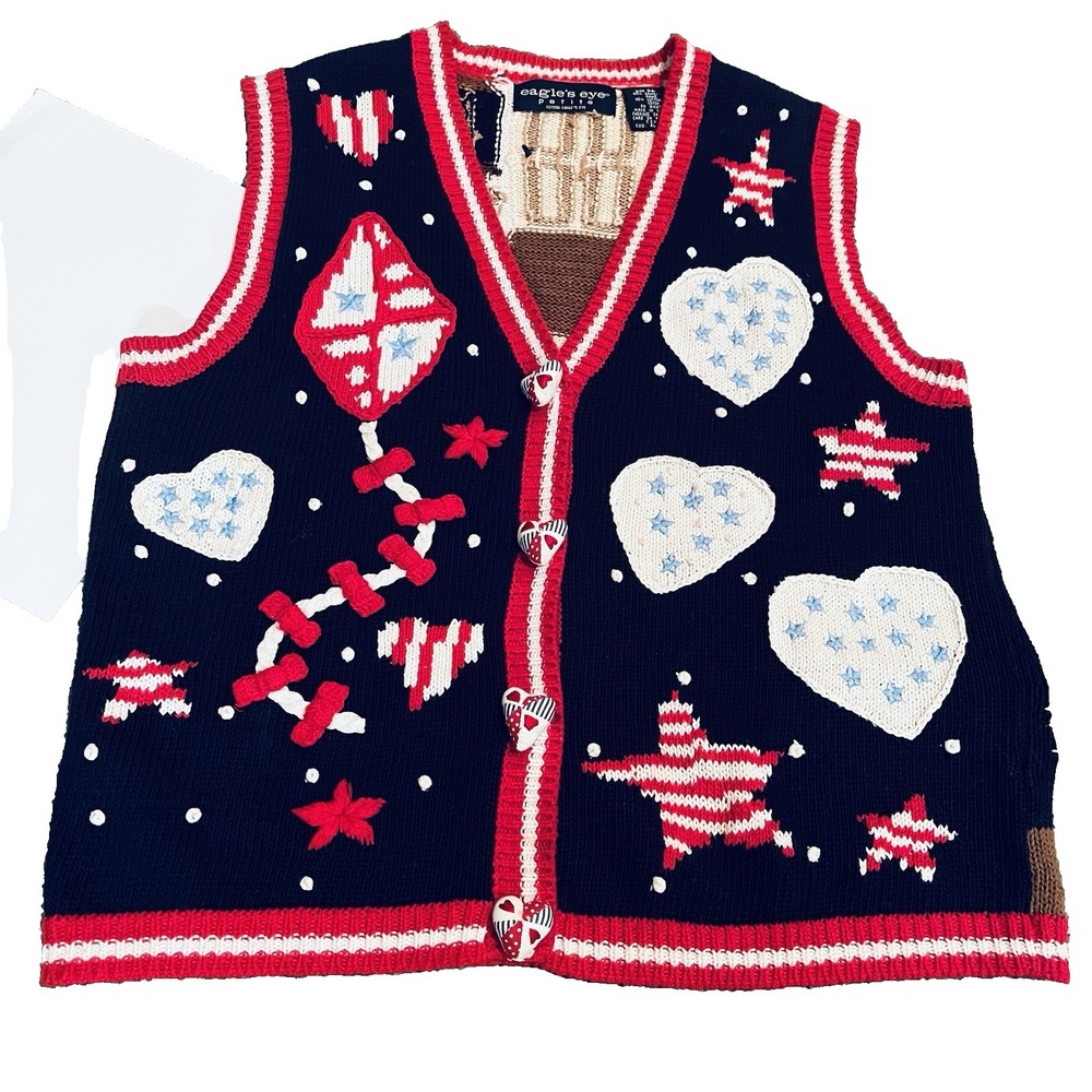 VTG Eagle's Eye 4th of July Sweater Vest Women's S Petite Patriotic  Grandmacore
